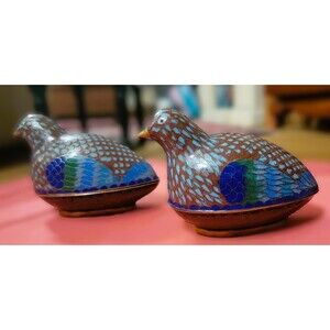VINTAGE CLOISONNE w Gilt QUAIL BIRDS TRINKET BOX, Enamel & Brass, Asian